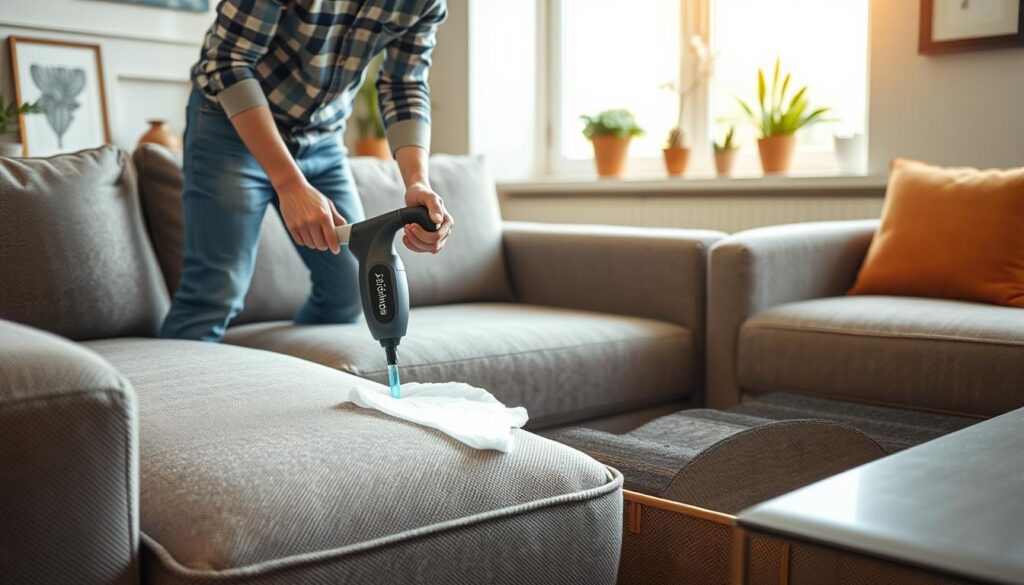 A neatly arranged living room scene with a modern sofa and armchair. In the foreground, a person in casual clothing diligently cleaning the upholstery with a "Smart Cleaner" branded handheld device, creating a pristine, freshened appearance. Warm, natural lighting from a nearby window casts a soft glow, highlighting the intricate fabric textures. The background showcases tasteful decor elements like potted plants and framed artwork, conveying a sense of a well-maintained, comfortable domestic environment. The overall mood is one of attentiveness, care, and the importance of regular upholstery maintenance.