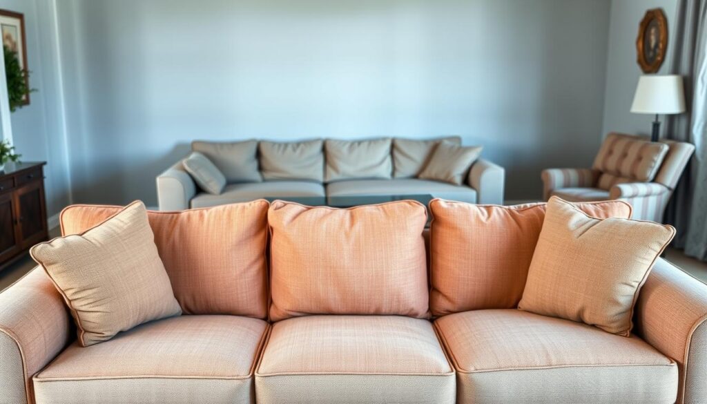 A neatly upholstered living room sofa, its fabric freshly cleaned and invigorated, stands prominently in the foreground. The cushions appear plump and inviting, their vibrant colors restored. In the middle ground, a corner sectional showcases the effectiveness of regular upholstery cleaning, its once dull and dingy surface now rejuvenated. A cozy armchair in the background completes the scene, its fabric transformed from a tired, worn appearance to a rich, rejuvenated texture. Soft, diffused lighting gently illuminates the room, accentuating the renewed vitality of the upholstered furniture. The overall atmosphere conveys the importance of maintaining the cleanliness and longevity of cherished household textiles.