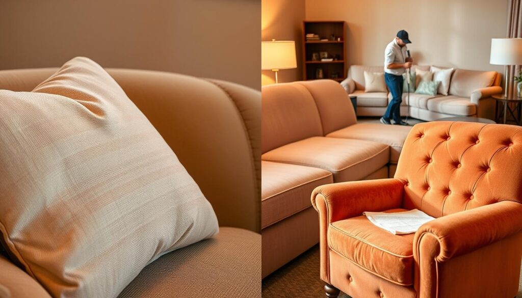 A professional, high-quality upholstery cleaning service. Three images showcasing the process: a close-up of a freshly cleaned, soft fabric-covered sofa cushion; a medium shot of a technician using specialized equipment to deep clean a large L-shaped sectional; and an overview of a plush armchair being gently scrubbed, revealing the vibrant, revitalized colors of the upholstery. Warm, diffused lighting creates a serene, inviting atmosphere. The images convey the expertise, care, and transformative results of professional upholstery cleaning.