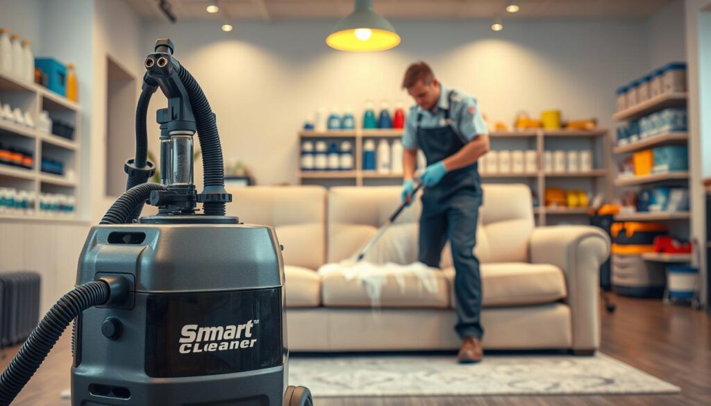 A well-lit, photorealistic interior scene of a professional furniture and automotive upholstery cleaning service. In the foreground, a "Smart Cleaner" branded upholstery cleaning machine with various nozzles and attachments. Behind it, a plush, light-colored sofa being thoroughly cleaned by a uniformed technician using the machine. In the background, rows of neatly organized cleaning supplies and equipment. Warm, diffused lighting illuminates the space, creating a clean, modern, and inviting atmosphere. The scene conveys a sense of expertise, attention to detail, and high-quality service.